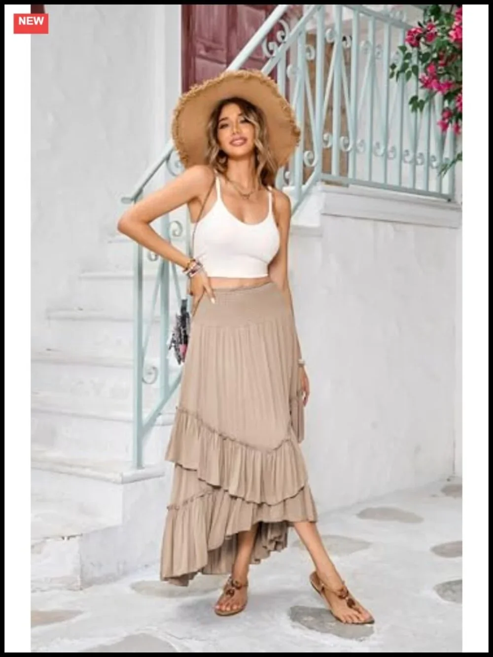 Smocked Elastic High Waisted Boho Midi Skirt, Strapless Tube Dress, Layered
